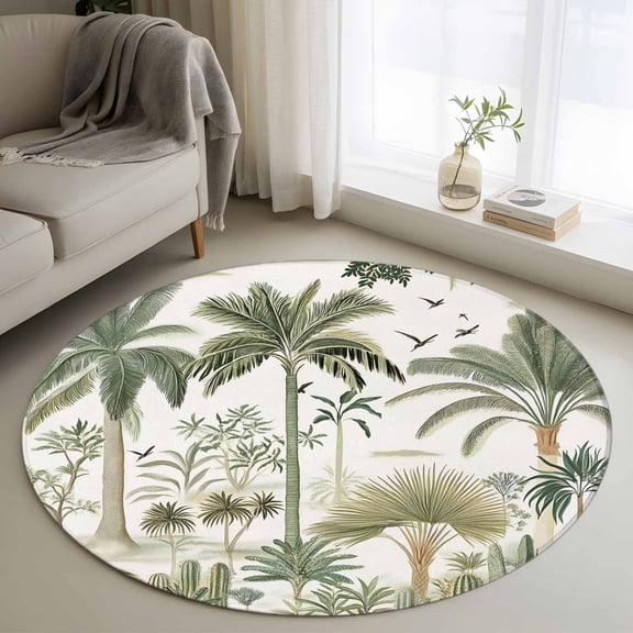 Tropical Green Palm Tree Round Rug 3ft Washable Circle Entryway Rugs Non Slip Summer Beach Cactus Area Rug Indoor Floor Carpet for Bedroom Kitchen Living Room Home Office Dining Room Nursery