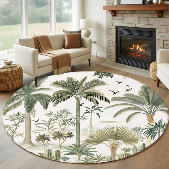 Tropical Green Palm Tree Round Rug 5ft Washable Circle Kitchen Rugs Non Slip Summer Beach Cactus Large Area Rug Indoor Floor Carpet for Bedroom Living Room Home Office Dining Room Nursery