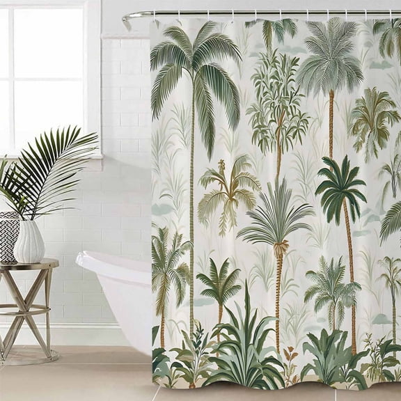 Tropical Green Palm Tree Shower Curtain Set, Waterproof Shower Curtains for Bathroom, Summer Beach Botanical Washable Fabric Cloth Bath Curtain for Bathtub Decoration with Hooks 48x72 Inches