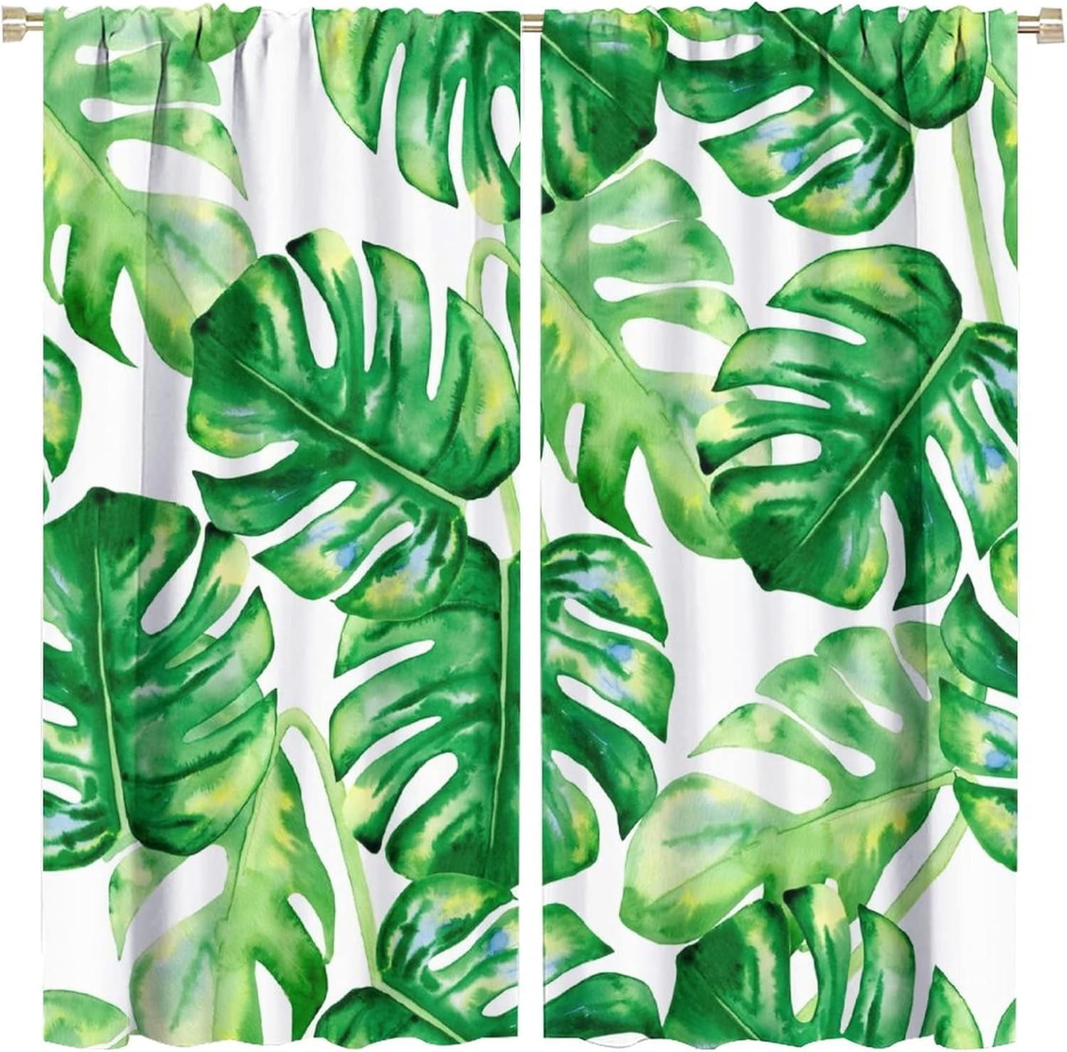 Tropical Green Plant Curtain Watercolor Botanical Banana Leaf Blackout Print Rod Pocket Window Drapes for Bedroom Living Room 42x54in
