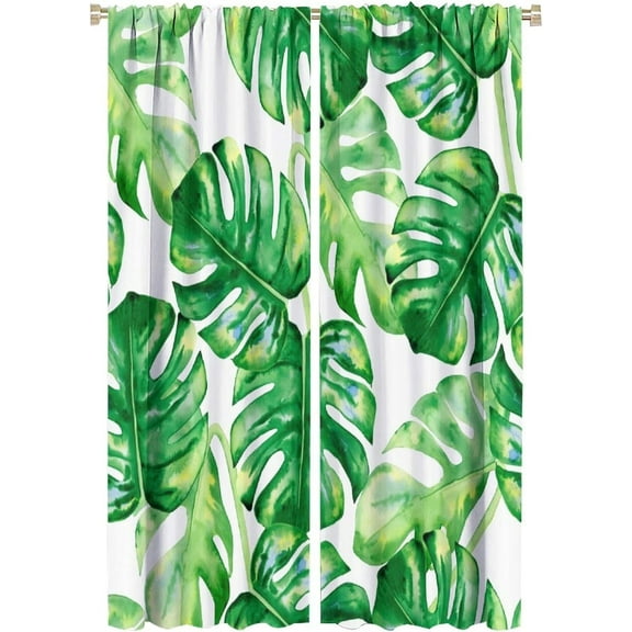 Tropical Green Plant Curtain Watercolor Botanical Banana Leaf Blackout Print Rod Pocket Window Drapes for Bedroom Living Room 52x84in