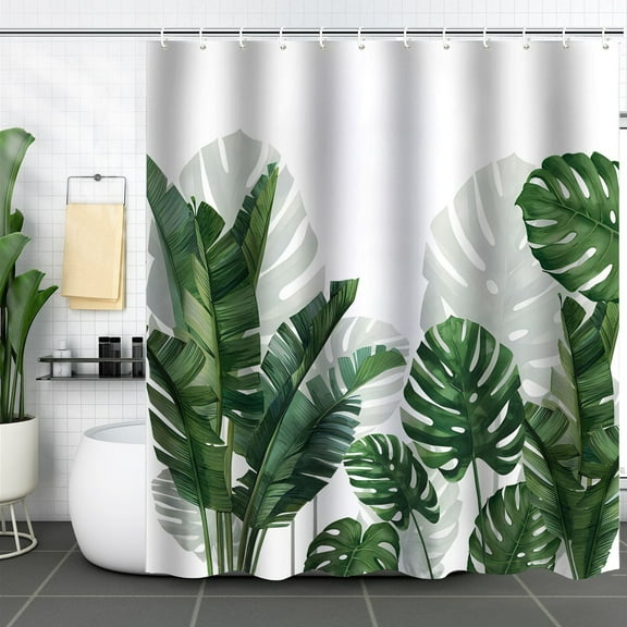 Bevtee Tropical Green Plant Fabric Shower Curtain, Waterproof Washable Bathroom Decor, 72" x 72"