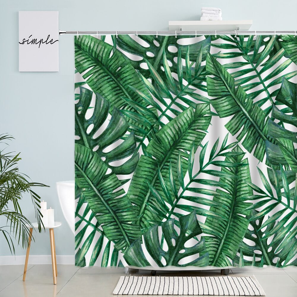 Tropical Green Plant Palm Leaf Bathroom Shower Curtains Summer Jungle Fabric Waterproof Hooks
