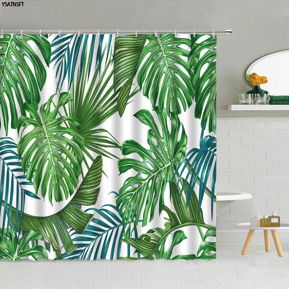 Tropical Green Plant Palm Leaf Theme Shower Curtain Monstera Creative