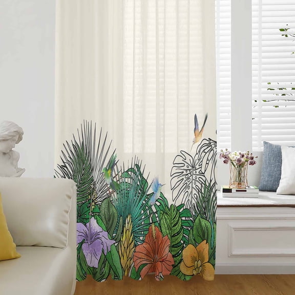 Tropical Green Plant Semi Sheer Curtains Drapes for Living Room, Bedroom, French Doors Window 45 Inches Long, Fern Print Summer Floral Birds Rod Pocket Chiffon Curtain Drapery Voile Draperies Panel