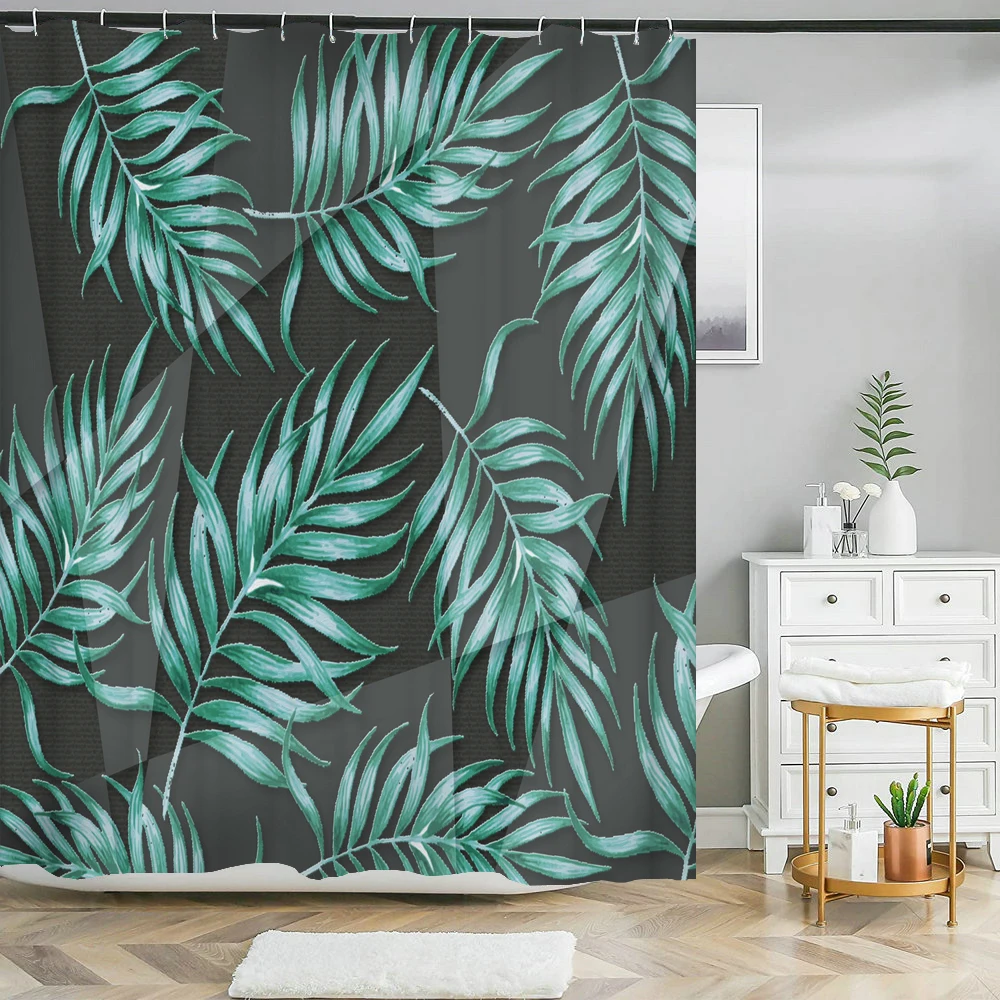 Tropical Green Plant Shower Curtain Leaves Printed Washable Bath