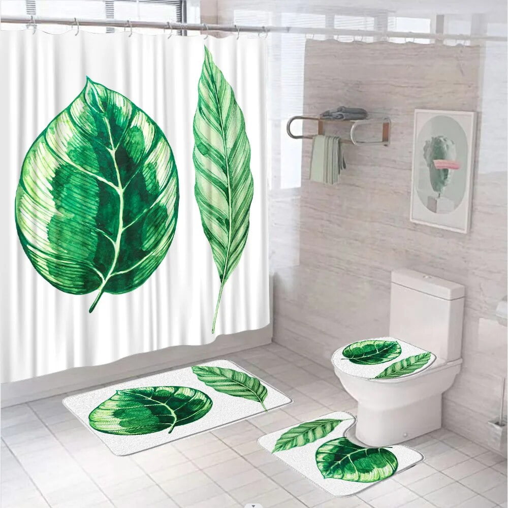 Tropical Green Plant Shower Curtain Set With Rug Toilet Lid Cover Bath