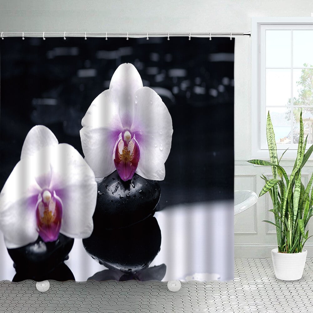 Tropical Green Plants Buddha Zen Shower Curtains Black Stone Candle