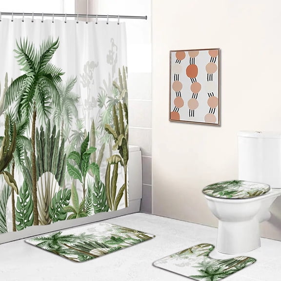 Tropical Green Plants Shower Curtain Decorative Bathtub Screen Polyester Toilet Partition Bath Mat Set Home Bathroom Decoration
