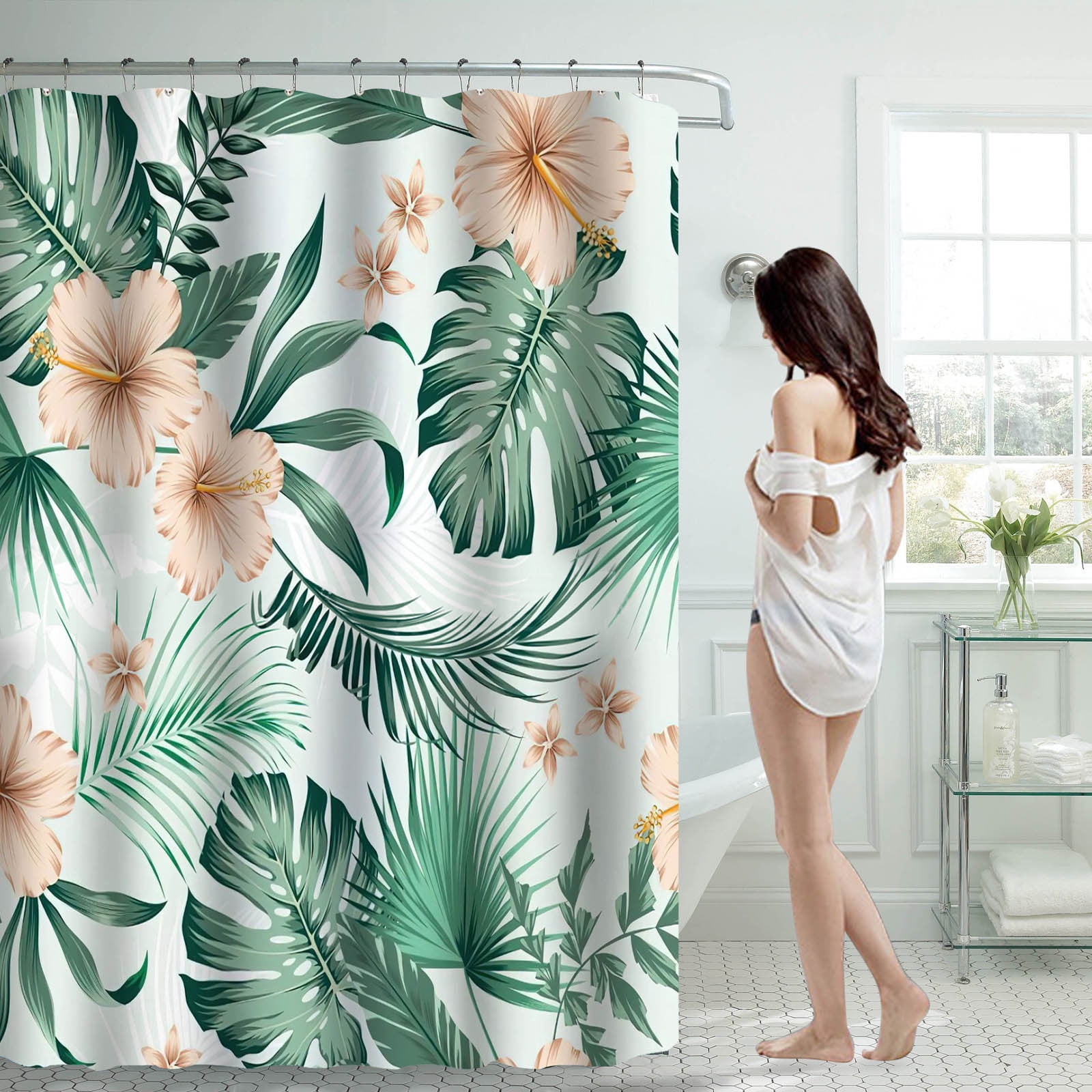 Tropical Green Shower Curtain 70X70 Inch with 12 Plastic Hooks