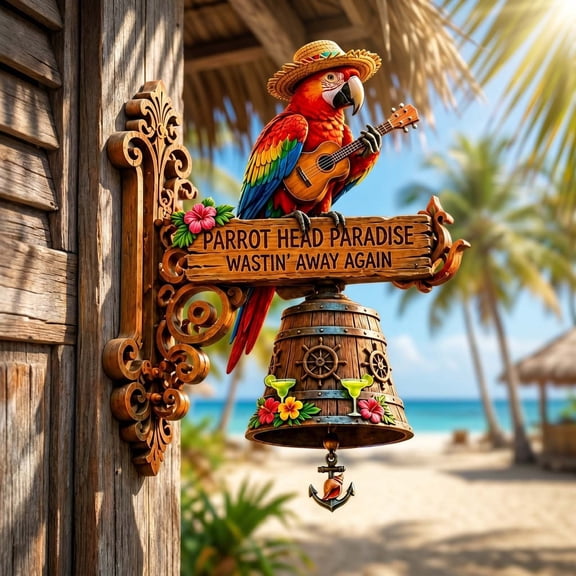 Tropical Guitar Wall Hanging Sign, Resin Nautical Decor with Tiki Figure for Bar Wall and Beach House Accent, Patio Styling and Vacation Home Gift (Resin, Multicolor)