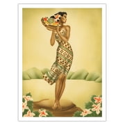 Tropical Harvest - Hawaiian Woman holding a Basket of Fruit - Vintage Hawaiian Airbrush Art by Gill c.1940s - Bamboo Fine Art 290gsm Paper Print (Unframed) 24x32in