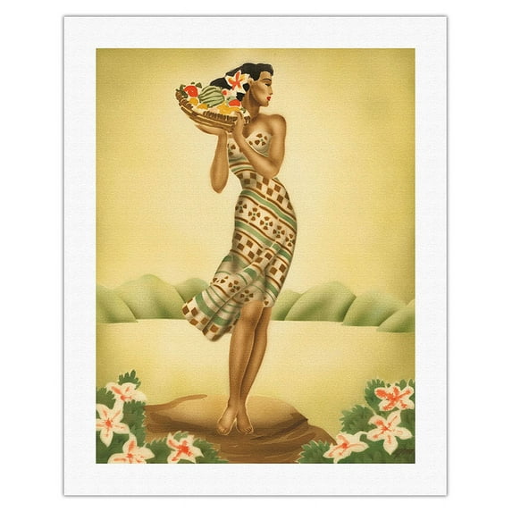 Tropical Harvest - Hawaiian Woman holding a Basket of Fruit - Vintage Hawaiian Airbrush Art by Gill c.1940s - Fine Art Rolled Canvas Print 20in x 26in