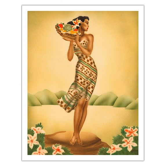 Tropical Harvest - Hawaiian Woman holding a Basket of Fruit - Vintage Hawaiian Airbrush Art by Gill c.1940s - Fine Art Matte Paper Print (Unframed) 11x14in
