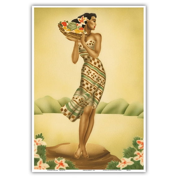 Tropical Harvest - Hawaiian Woman holding a Basket of Fruit - Vintage Hawaiian Airbrush Art by Gill c.1940s - Master Art Print (Unframed) 13in x 19in