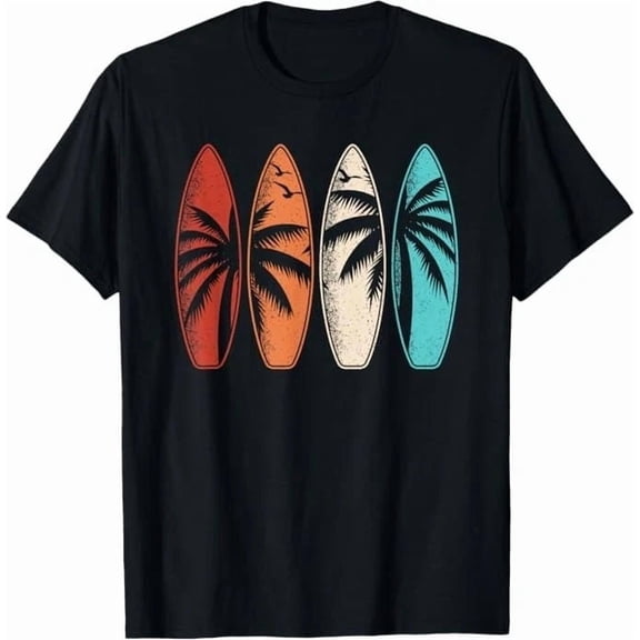 Tropical Hawaii Palm Tree Surfing Beach Surfboard Retro Surf Unisex T-Shirt,S-5XL