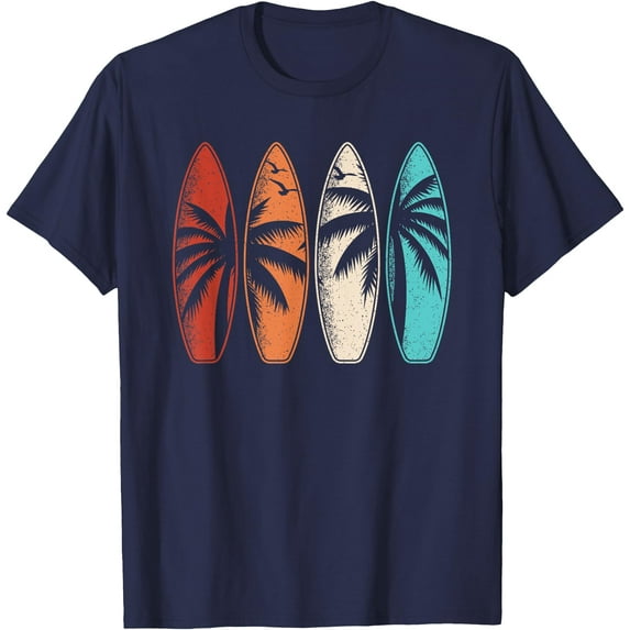 Tropical Hawaii Palm Tree Surfing Beach Surfboard Retro Surf Unisex T-Shirt for Men Women Kids Toddler,Navy Color,Size YXS