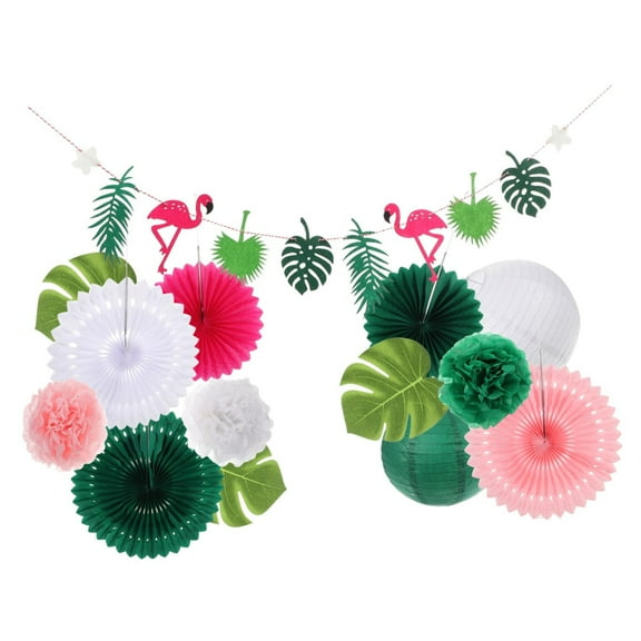Tropical Hawaiian Flamingo Paper Fans and Monstera Leaves Banner for Beach Party Decorations Easy to Install for Weddings and Birthdays