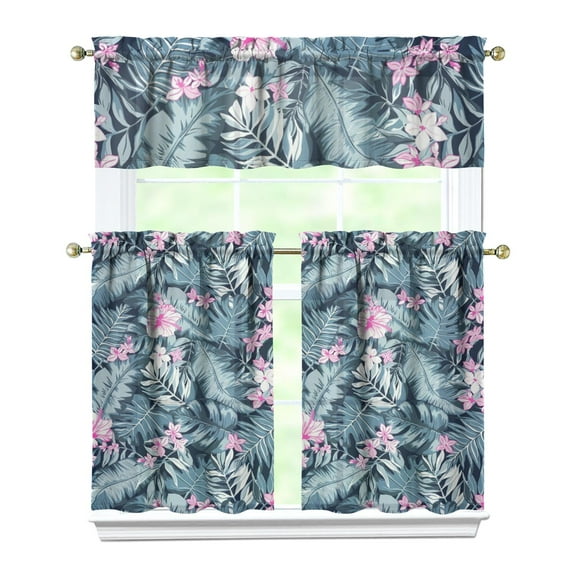 Tropical Hawaiian Flowers Kitchen Curtains Set 27.5x36in Polyester Valance and Tiers, Island Botanical Window Curtains for Small Kitchen Decor and Summer Home Styling
