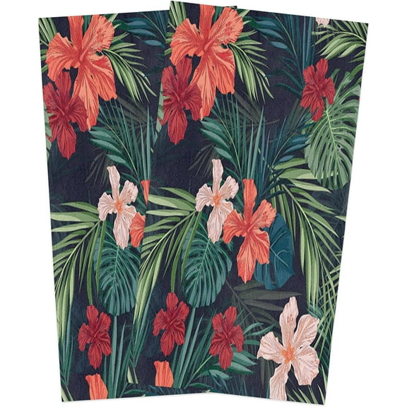 Tropical Hawaiian Flowers Leaves Kitchen Dish Towels Set of 2, Soft Lightweight Microfiber Absorbent Hand Towel Colorful Tea Towel for Kitchen Bathroom 18x28in