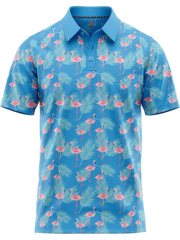 Tropical Hawaiian Golf Polo Shirt – Men’s Performance Moisture Dry Fit Athletic Flamingo Resort Wear Frisbee Disc Golf Funny (US, Alpha, 4X-Large, Regular, Regular, Blue Flamingo)