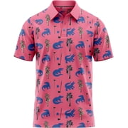 Tropical Hawaiian Golf Polo Shirt   Men s Performance Moisture Dry Fit Athletic Flamingo Resort Wear Frisbee Disc Golf Funny US, Alpha, Small, Regular, Regular, Pink Alligator