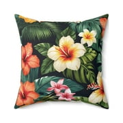 Tropical Hawaiian Hibiscus & Plumeria Flower pattern - Square Throw Pillow
