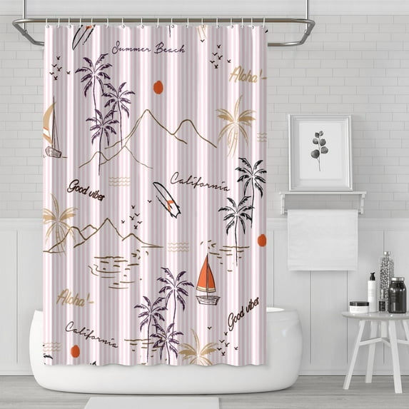 Tropical Hawaiian Island Boho Shower Curtain, Waterproof Fabric with Hooks, Machine Washable Coastal Paradise and Nautical Exotic Palm Tree Bathroom Shower Curtain