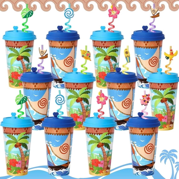 Tropical Hawaiian Party Favors Drinking Cups with Lids and Straws, 24 Pack 16oz Reusable Plastic Cups for Kids Birthday, Beach Luau Party Supplies Decorations