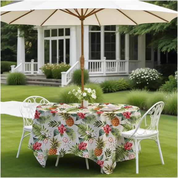 Tropical Hawaiian Round Outdoor Tablecloth with Umbrella Hole and Zipper, Spill Proof Wrinkle Free Polyester Patio Table Cloth for Picnic BBQS(Pineapple,60 x 60 Inch)