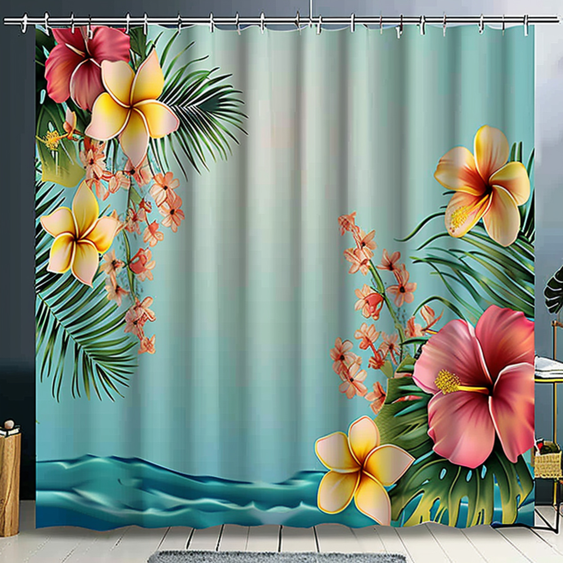 Tropical Hawaiian Shower Curtain with and Plumeria Flowers Palm Leaves