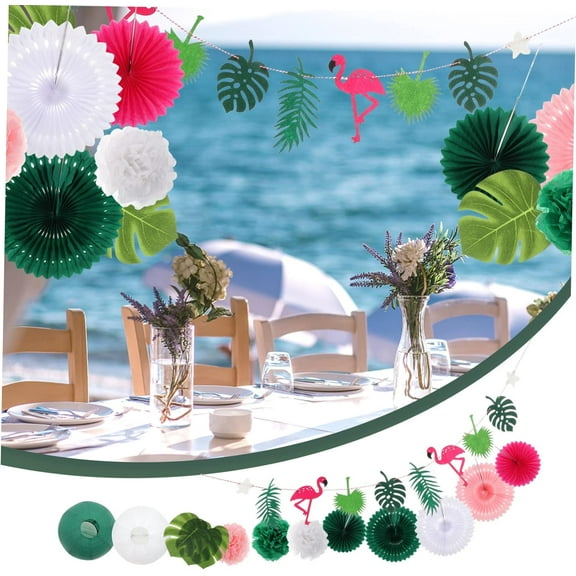 Tropical Hawaiian Style Flamingo Paper Fans and Monstera Leaves Banner for Beach Party Decorations for Weddings and Birthdays