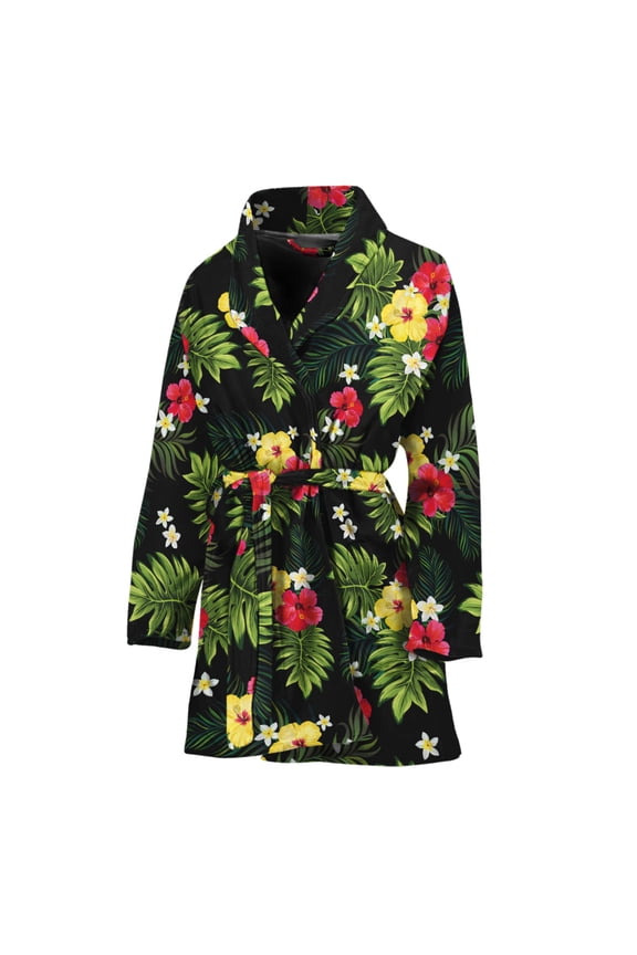 Tropical Hibiscus Aloha Pattern Women Bathrobe One Size Univeral Fits, Tropical Floral Hawaiian Fashion Lightweight Plush Fleece Long Robe For Women