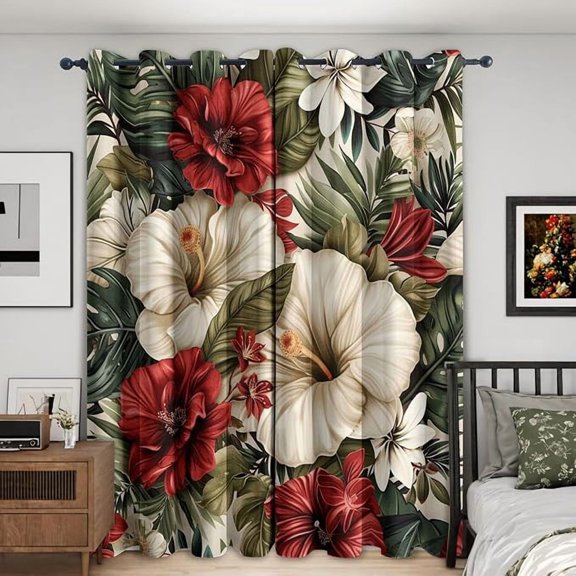 Tropical Hibiscus Blackout Curtains for Living Room Bedroom, Hawaiian Palm Leaf Monstera Flower Pattern Thermal Insulated Grommet Window Drapes, Tropical Room Decor 26"W x 45"L (Pack of 2)