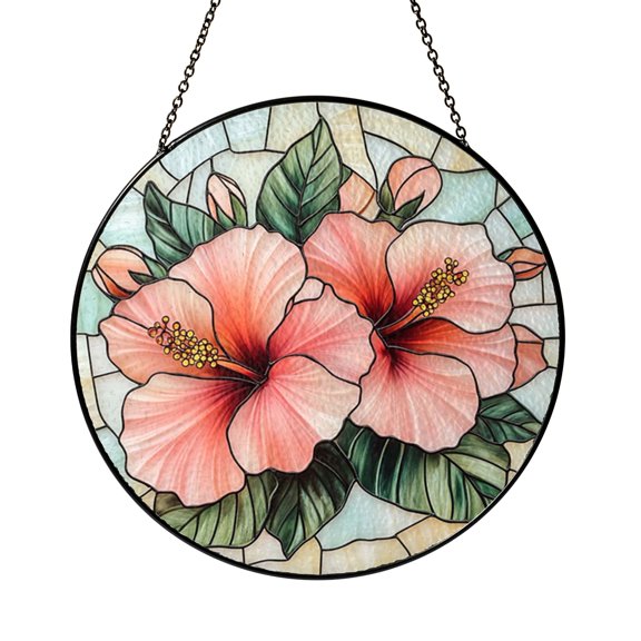Tropical Hibiscus Bloom Stained Glass Window Hanging Suncatcher, Decorative Botanical Art Panel Ornament