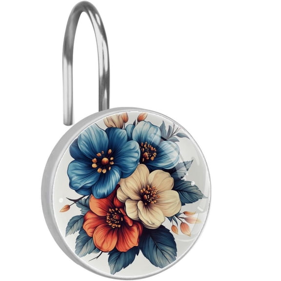 Tropical Hibiscus Bouquet Shower Curtain Hooks Round Crystal Glass, Set of 12 Shower Curtain Rings - Shower Hooks for Curtain Shower Rings