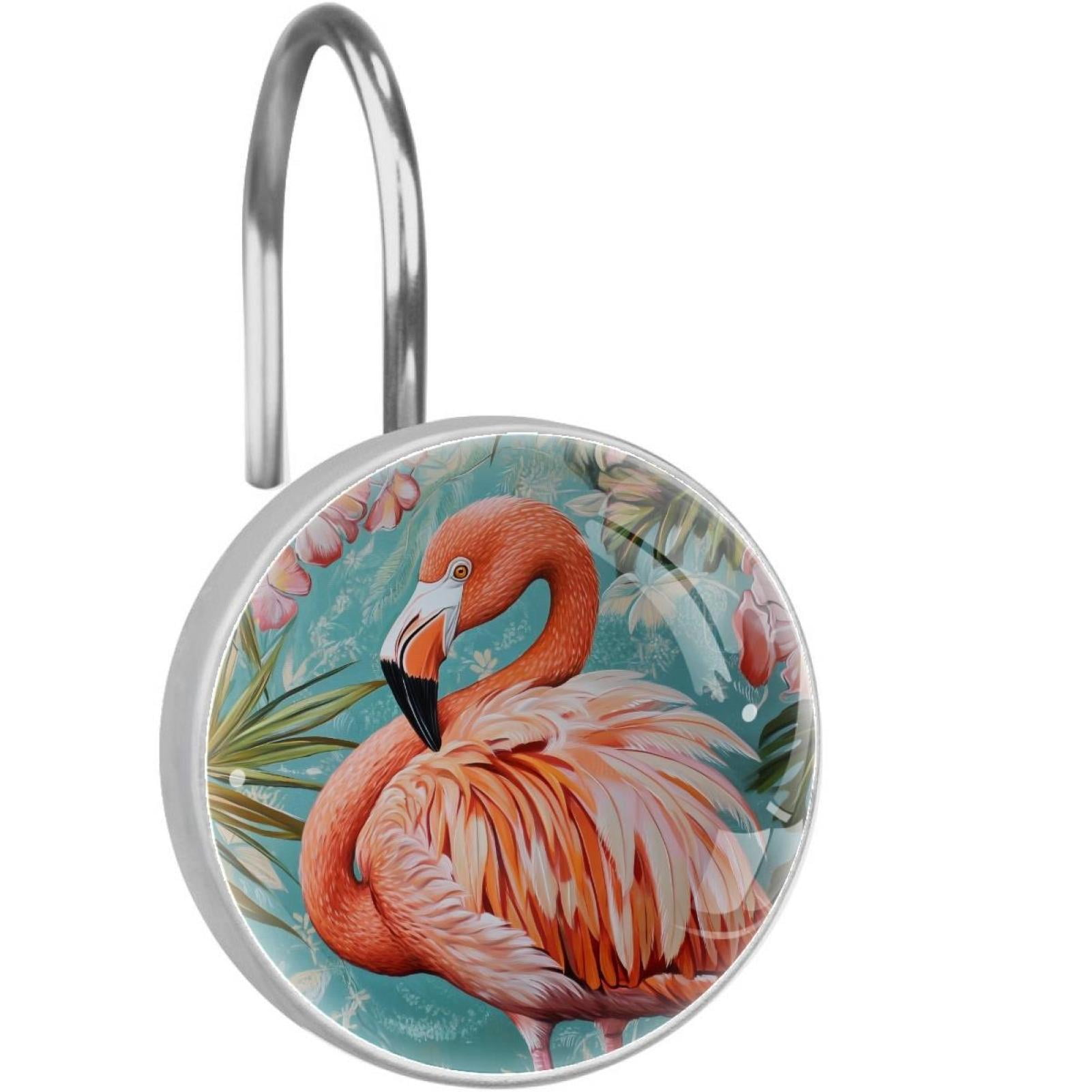 Tropical Hibiscus Flamingo Shower Curtain Hooks Round Crystal Glass, Set of 12 Shower Curtain Rings - Shower Hooks for Curtain Shower Rings