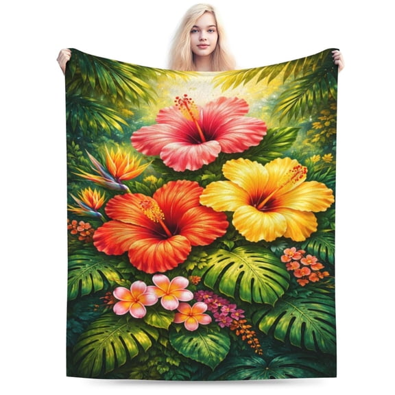 Tropical Hibiscus Floral Blanket, Exotic Jungle Botanical Throw, Island Paradise Fleece Blanket for Summer Home Decor and Mother's Day Gift 80x60