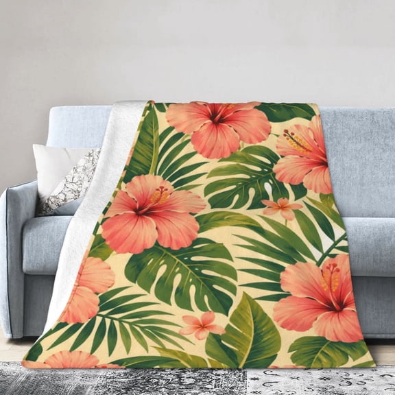 Tropical Hibiscus Floral Blanket Gift Throw Blanket Gift for Women Summer Palm Leaf Home Decor 50x40