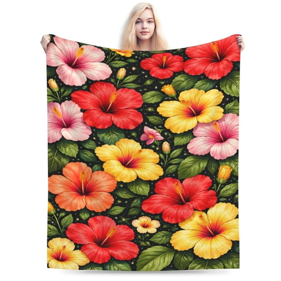 Tropical Hibiscus Floral Blanket, Hawaiian Flower Pattern Design, Summer Home Decor, Soft Cozy Bed and Sofa Cover for Adults, Mother’s Day Gift 60x50