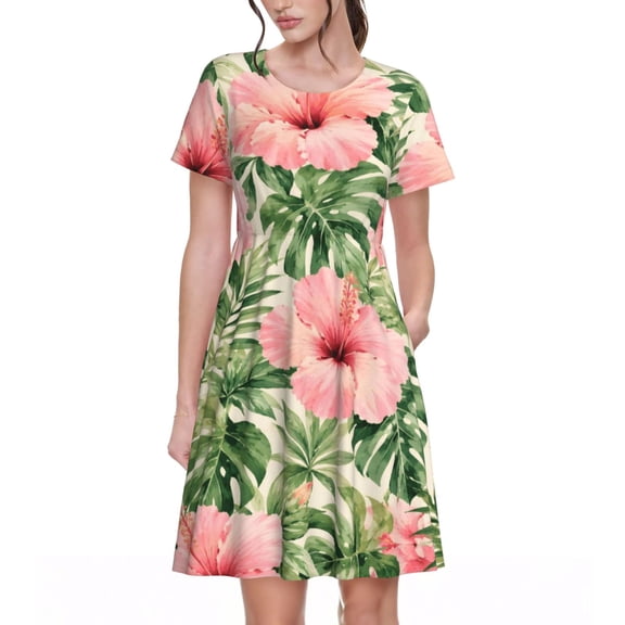 Tropical Hibiscus Floral Dresses Short Sleeve Nightdresses for Women