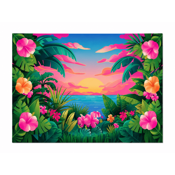 Tropical Hibiscus Flowers and Ocean Sunset Backdrop, 210 x 150 cm