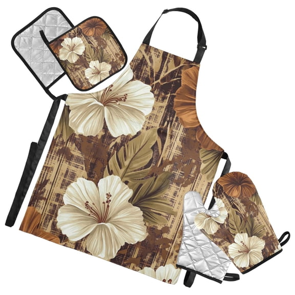 Tropical Hibiscus Flowers with Brown Oven Mitts and Pot Holders with Chef Apron Set 5 Pcs Kitchen Cooking Set