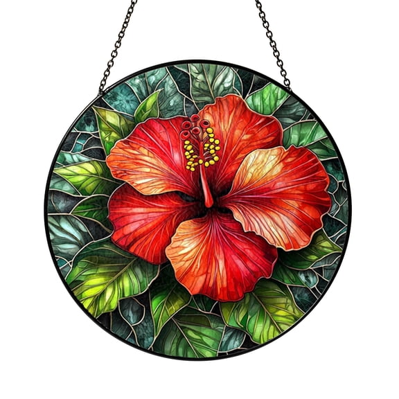 Tropical Hibiscus Glass Style Window Art – Floral Decor