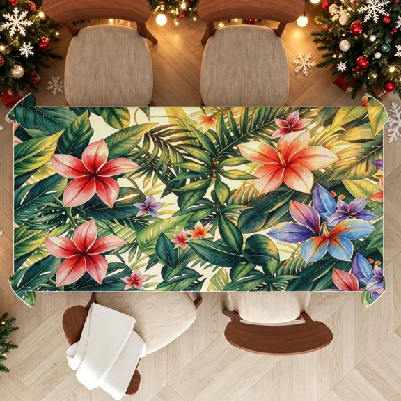 Tropical Hibiscus Greenery Pattern Rectangle Tablecloth, Lightweight Table Cover, Summer Party & Small Celebration Decor