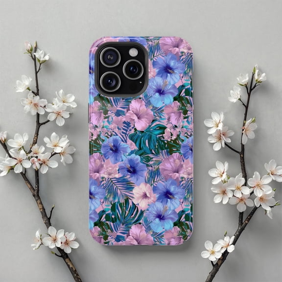 Tropical Hibiscus Jungle Phone Case Pink Blue Floral for iPhone 17 11 12 13 14 15 16 Pro Max