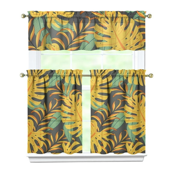Tropical Hibiscus Kitchen Curtains Set 27.5x36in Polyester Valance and Tier Panels, Hawaiian Botanical Pattern Window Curtains for Coastal or Seaside Kitchen Design