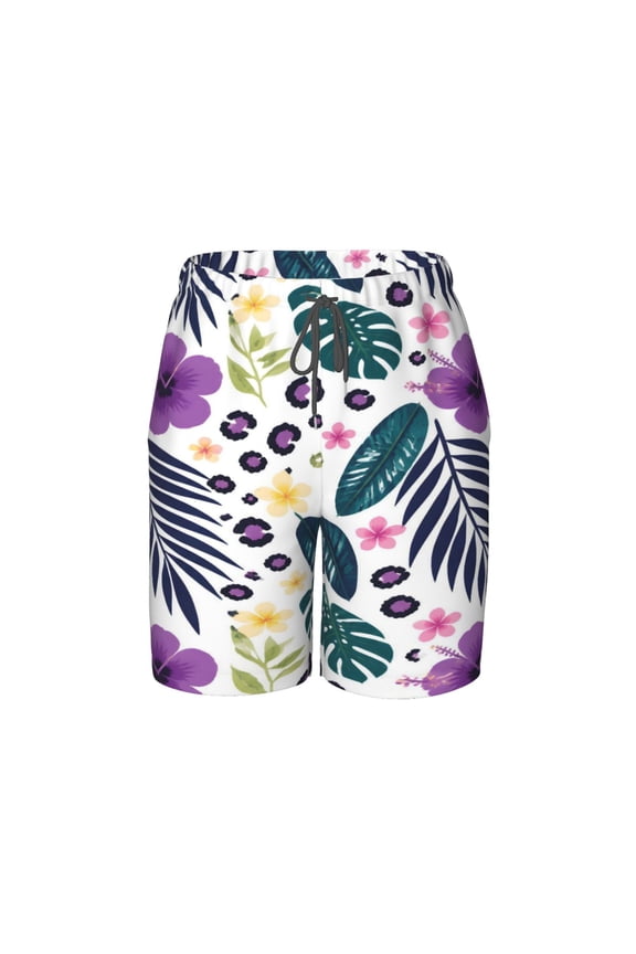 Tropical Hibiscus Leaf Beach Pants Lightweight Teen Shorts with Mesh Lining and Drawstring
