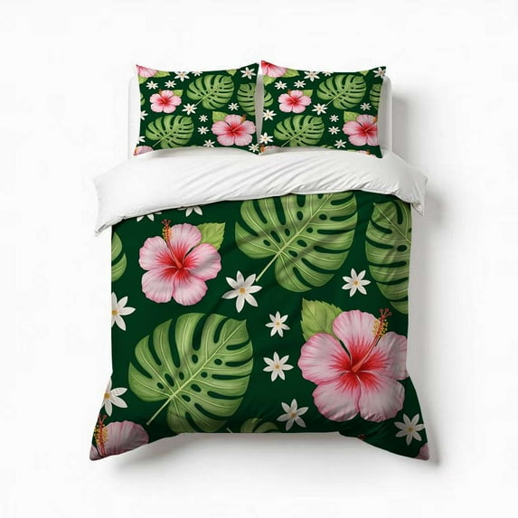 Tropical Hibiscus Monstera Pattern Bedding Set 3 Pcs Soft Microfiber Quilt Cover For Bedroom Decor, Comforter Cover With 2 Pillowcase