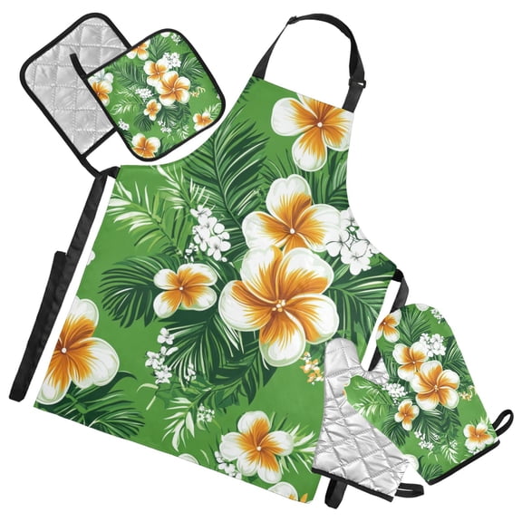 Tropical Hibiscus Print Oven Mitts and Pot Holders with Chef Apron Set 5 Pcs Kitchen Cooking Set